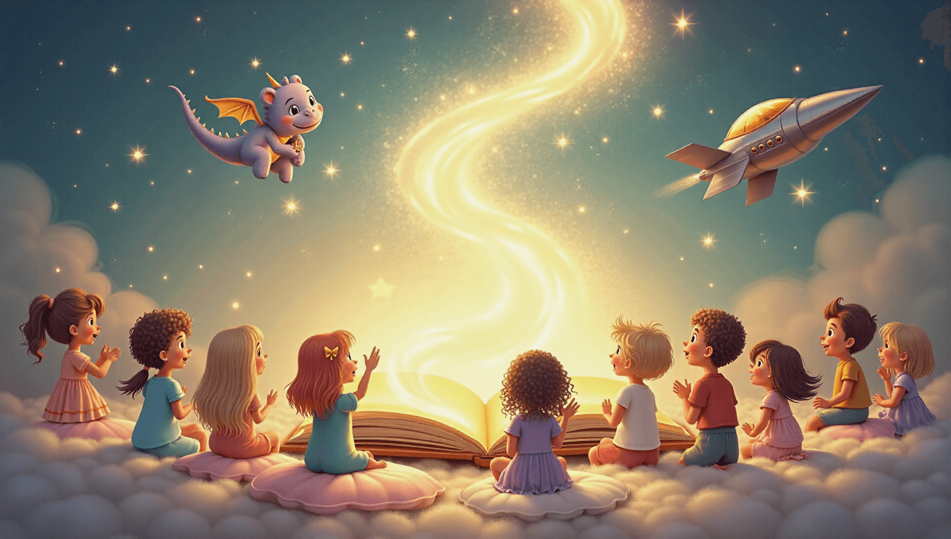 Enfants autour d'un livre magique